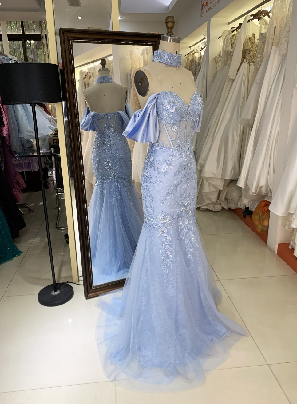 2025 New custom blue deep V-neck off shoulder strapless backless lace embroidery boning evening dress maxi dress prom dress