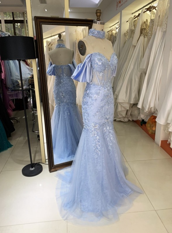 2025 New custom blue deep V-neck off shoulder strapless backless lace embroidery boning evening dress maxi dress prom dress