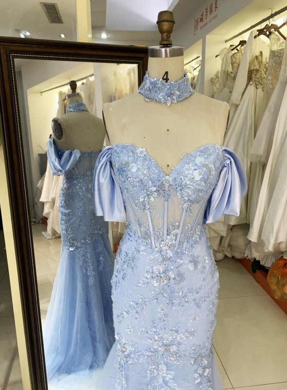 2025 New custom blue deep V-neck off shoulder strapless backless lace embroidery boning evening dress maxi dress prom dress