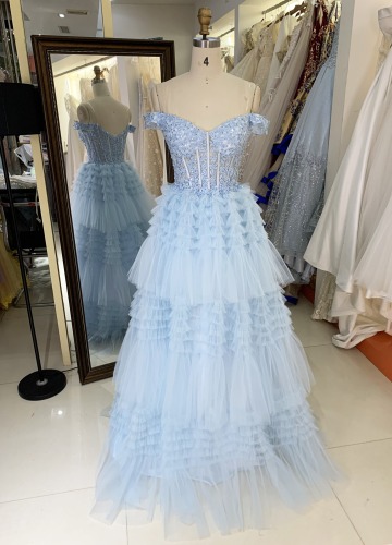 2025 Light blue off the shoulder lace embellished corset bodice princess ruffle tulle formal black tie prom dresses