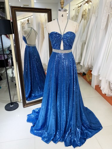 2025 wholesale teal sequin A line open back beading belt hand pleated elegant simple prom dresses