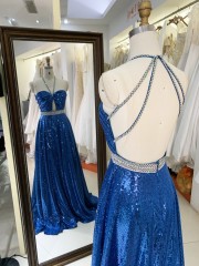 2025 wholesale teal sequin A line open back beading belt hand pleated elegant simple prom dresses