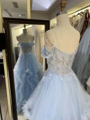 2025 light blue off the shoulder lace embellished corset bodice tulle formal princess ruffle prom dresses