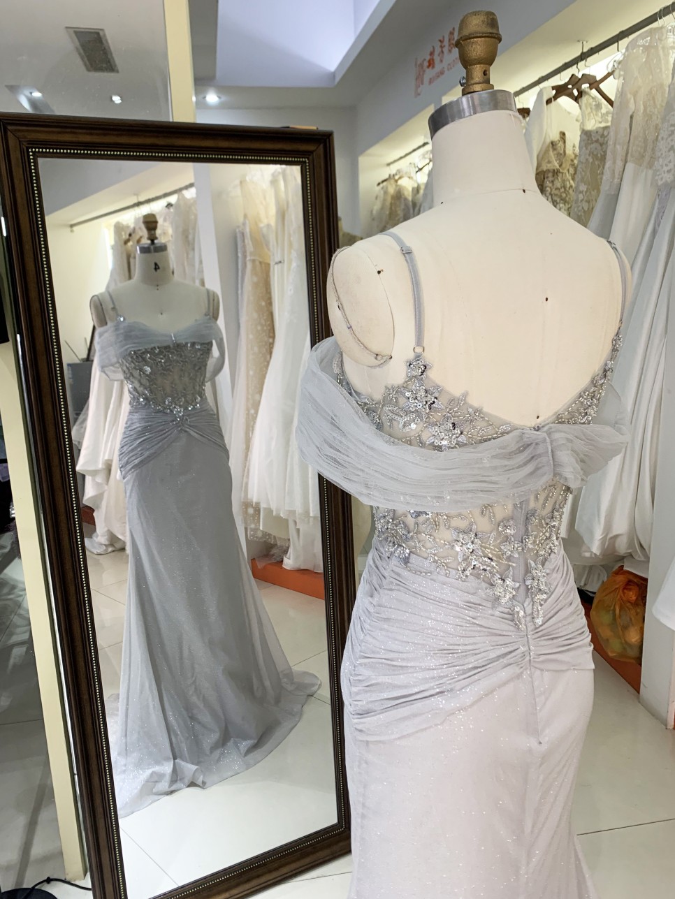 High Quality America wholesale LA brand Elegant Ladies Slim Embroidery Glitter Chiffon Off Shoulder Formal Style Prom Dress 2025