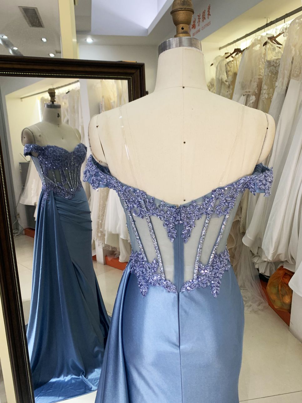 2025 smoky blue off the shoulder lace embellished corset bodice hand pleated satin over skirt formal black tie prom dresses