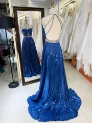 2025 wholesale teal sequin A line open back beading belt hand pleated elegant simple prom dresses