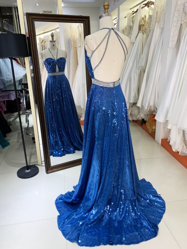 2025 wholesale teal sequin A line open back beading belt hand pleated elegant simple prom dresses