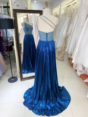 2025 New elegant glitter blue one shoulder crystal embellished gown satin fabric floor-length prom dress for women