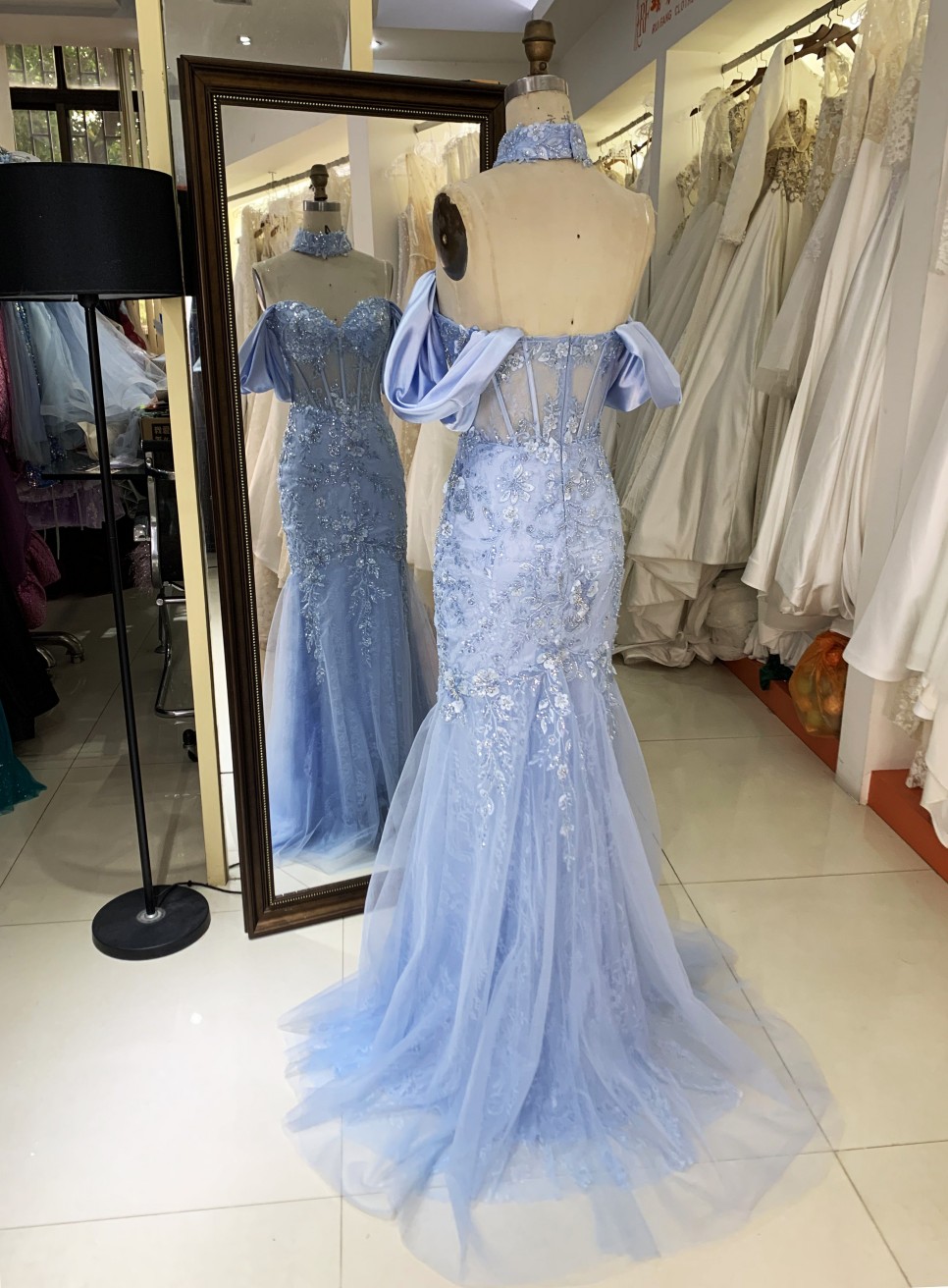 2025 New custom blue deep V-neck off shoulder strapless backless lace embroidery boning evening dress maxi dress prom dress