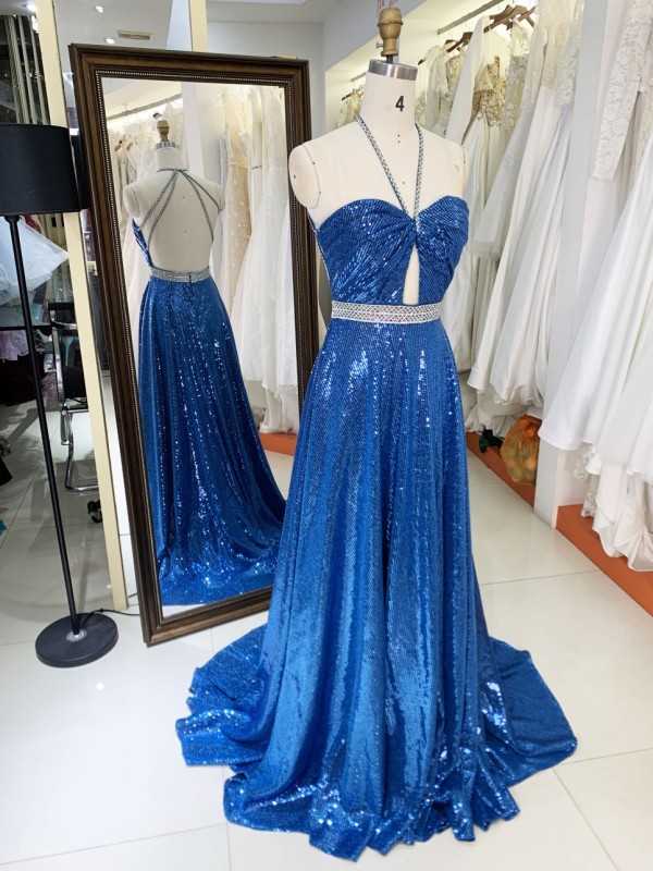 2025 wholesale teal sequin A line open back beading belt hand pleated elegant simple prom dresses