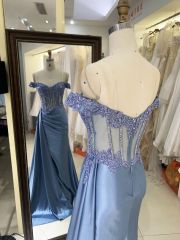 2025 smoky blue off the shoulder lace embellished corset bodice hand pleated satin over skirt formal black tie prom dresses