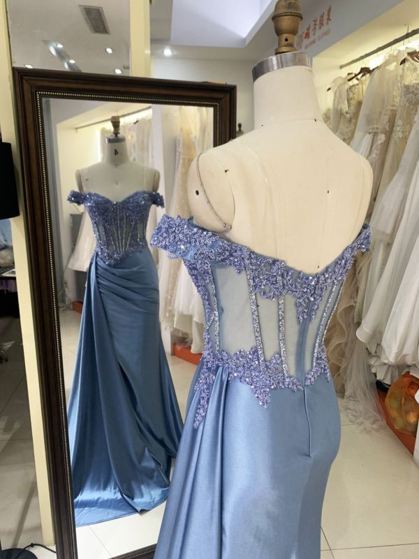 2025 smoky blue off the shoulder lace embellished corset bodice hand pleated satin over skirt formal black tie prom dresses