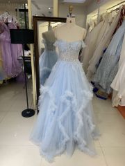 2025 light blue off the shoulder lace embellished corset bodice tulle formal princess ruffle prom dresses