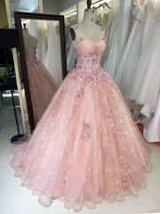 2025 New dress for a small girl for quinceanera with lace flower embroidery pink quinceanera dress