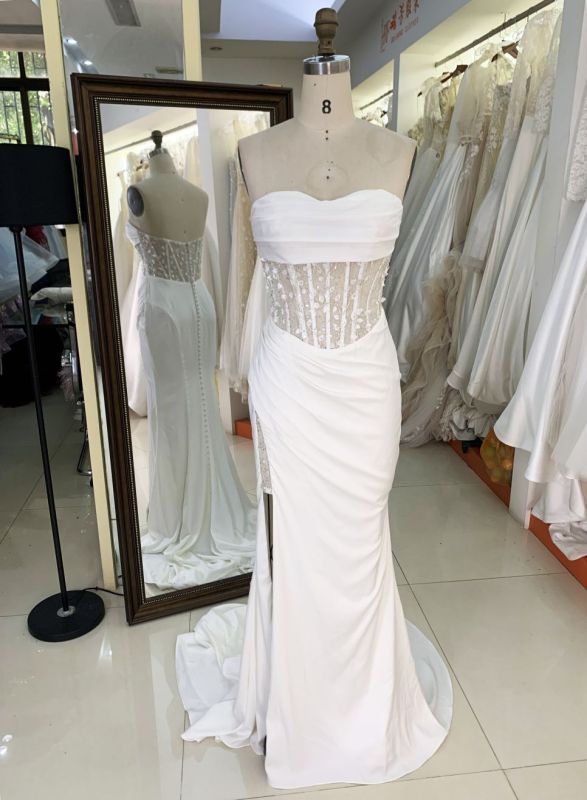 2025 Women's sexy tube top backless see-through high slit corset pleated white mermaid wedding dress
