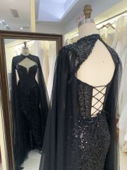 2025 New style luxury black deep V-neck sexy party dress cape beaded mermaid elegant party evening dress for women