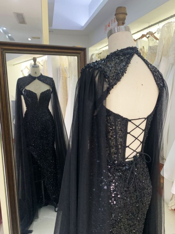 2025 New style luxury black deep V-neck sexy party dress cape beaded mermaid elegant party evening dress for women