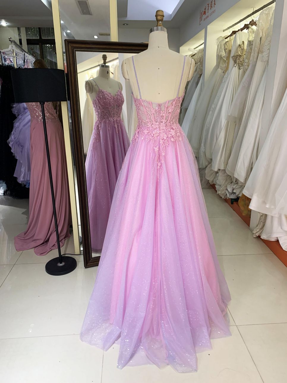 2025 New sweet style pink glitter lace mesh embroidery fishbone A-line skirt corset prom evening dress for girl