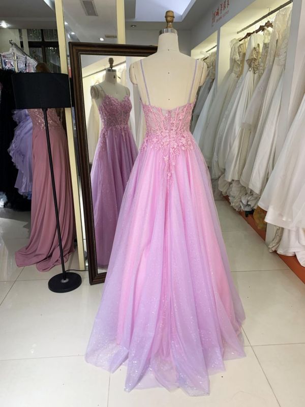 2025 New sweet style pink glitter lace mesh embroidery fishbone A-line skirt corset prom evening dress for girl