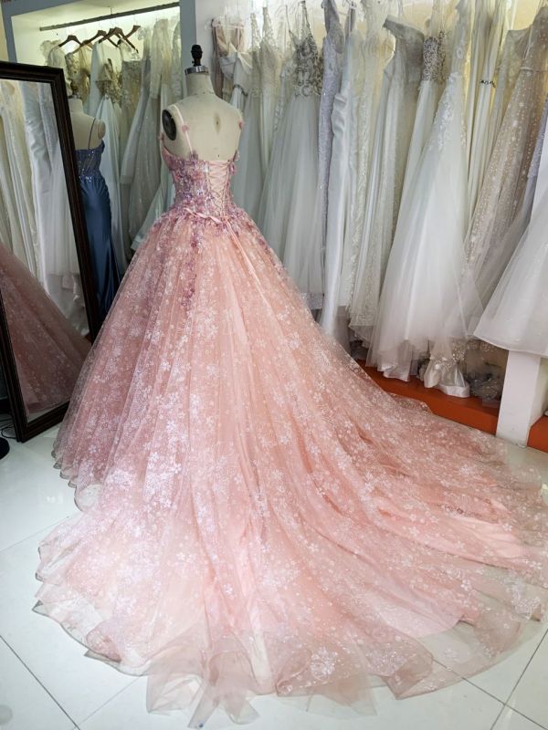 2025 New dress for a small girl for quinceanera with lace flower embroidery pink quinceanera dress