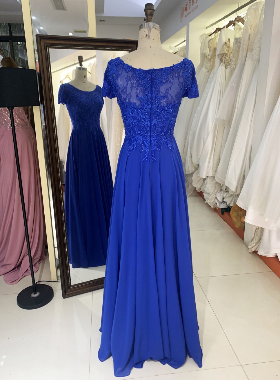 2025 New style short sleeve elegant blue lace embroidery chiffon mother of the bride dresses for wedding modern