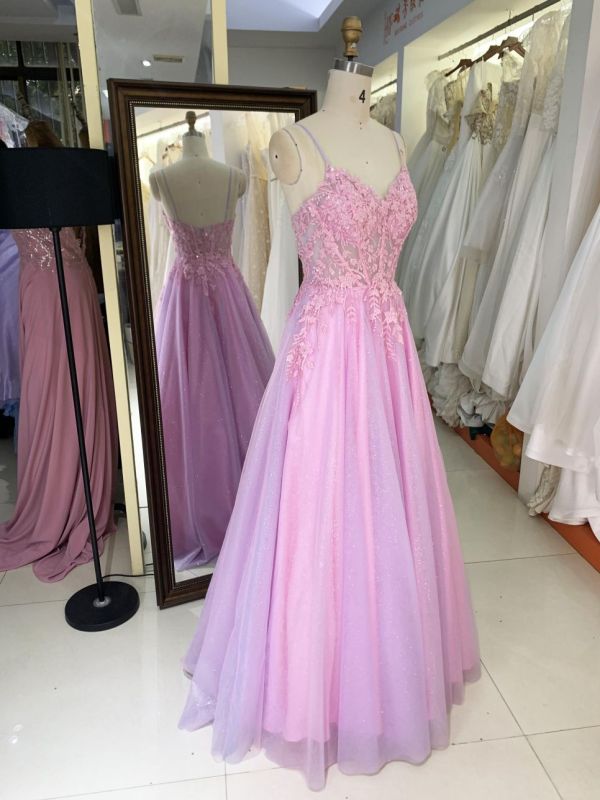 2025 New sweet style pink glitter lace mesh embroidery fishbone A-line skirt corset prom evening dress for girl