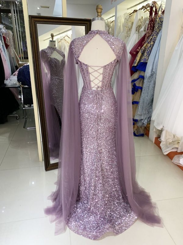 2025 New style luxury black deep V-neck sexy party dress cape beaded mermaid elegant party evening dress for women