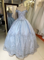 2025 New custom high quality latest 3D flowers lace hot-selling light blue ball gown fashionable quinceanera dress