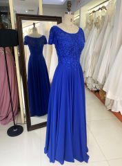 2025 New style short sleeve elegant blue lace embroidery chiffon mother of the bride dresses for wedding modern