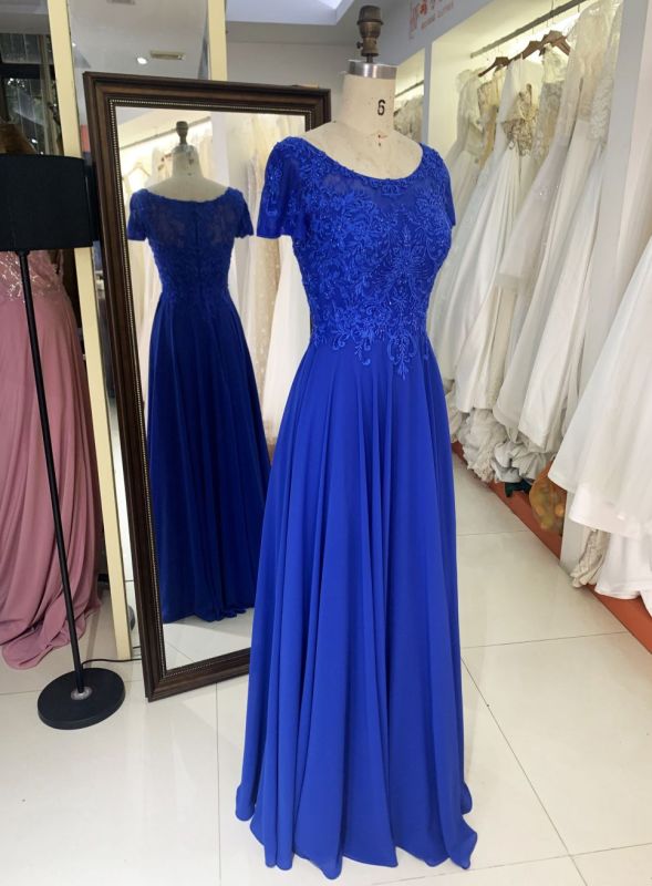 2025 New style short sleeve elegant blue lace embroidery chiffon mother of the bride dresses for wedding modern