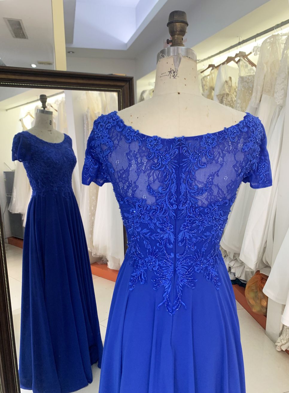 2025 New style short sleeve elegant blue lace embroidery chiffon mother of the bride dresses for wedding modern
