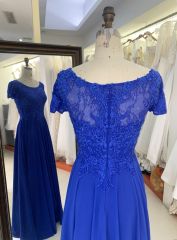 2025 New style short sleeve elegant blue lace embroidery chiffon mother of the bride dresses for wedding modern