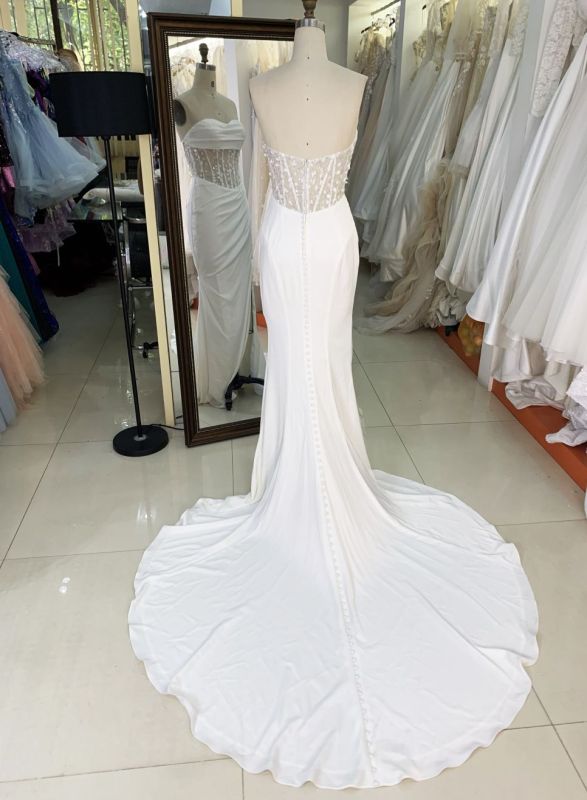 2025 Women's sexy tube top backless see-through high slit corset pleated white mermaid wedding dress