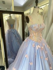 2025 New sky blue 3d butterfly sweetheart boning quinceanera dresses 15 ball dress for young girl