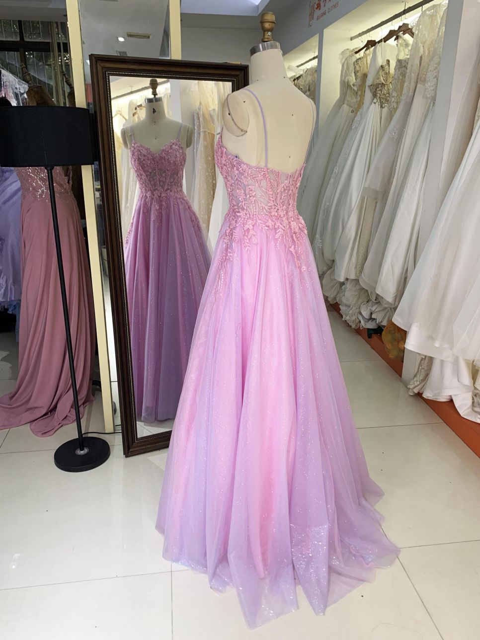 2025 New sweet style pink glitter lace mesh embroidery fishbone A-line skirt corset prom evening dress for girl