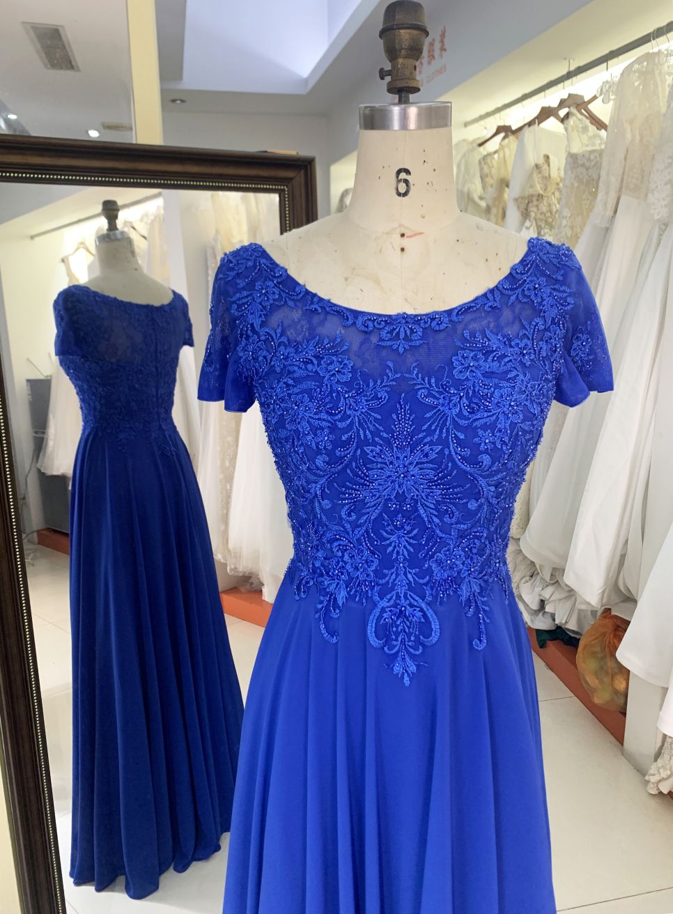 2025 New style short sleeve elegant blue lace embroidery chiffon mother of the bride dresses for wedding modern