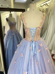 2025 New sky blue 3d butterfly sweetheart boning quinceanera dresses 15 ball dress for young girl