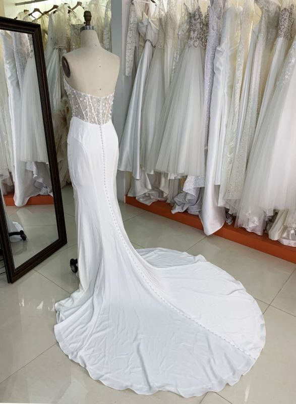 2025 Women's sexy tube top backless see-through high slit corset pleated white mermaid wedding dress