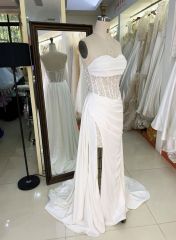 2025 Women's sexy tube top backless see-through high slit corset pleated white mermaid wedding dress