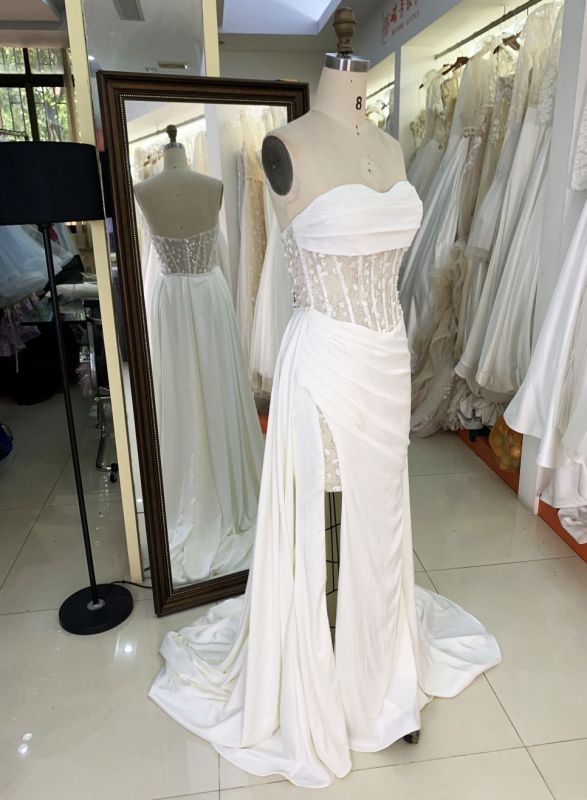 2025 Women's sexy tube top backless see-through high slit corset pleated white mermaid wedding dress