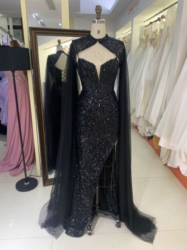 2025 New style luxury black deep V-neck sexy party dress cape beaded mermaid elegant party evening dress for women
