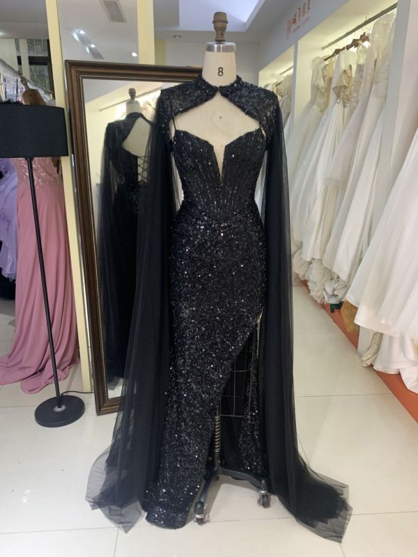 2025 New style luxury black deep V-neck sexy party dress cape beaded mermaid elegant party evening dress for women