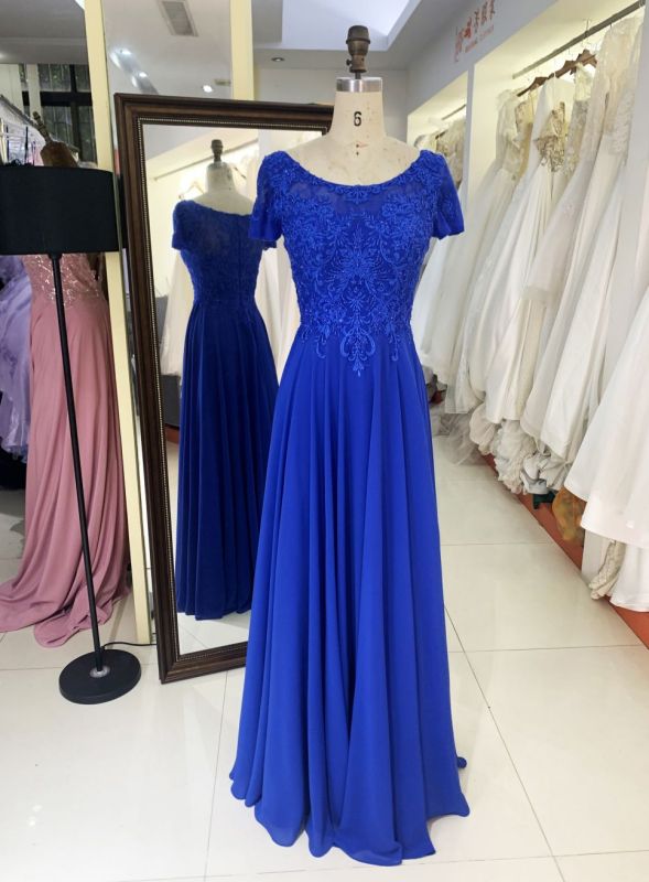2025 New style short sleeve elegant blue lace embroidery chiffon mother of the bride dresses for wedding modern