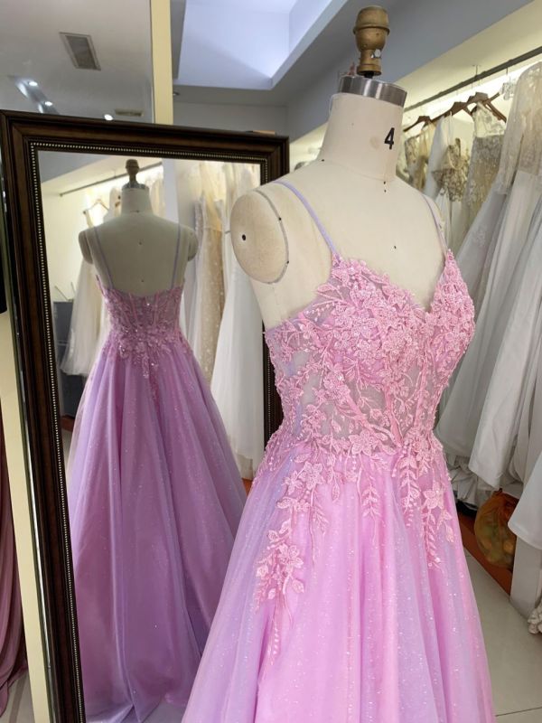 2025 New sweet style pink glitter lace mesh embroidery fishbone A-line skirt corset prom evening dress for girl