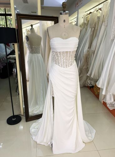 2025 Women's sexy tube top backless see-through high slit corset pleated white mermaid wedding dress