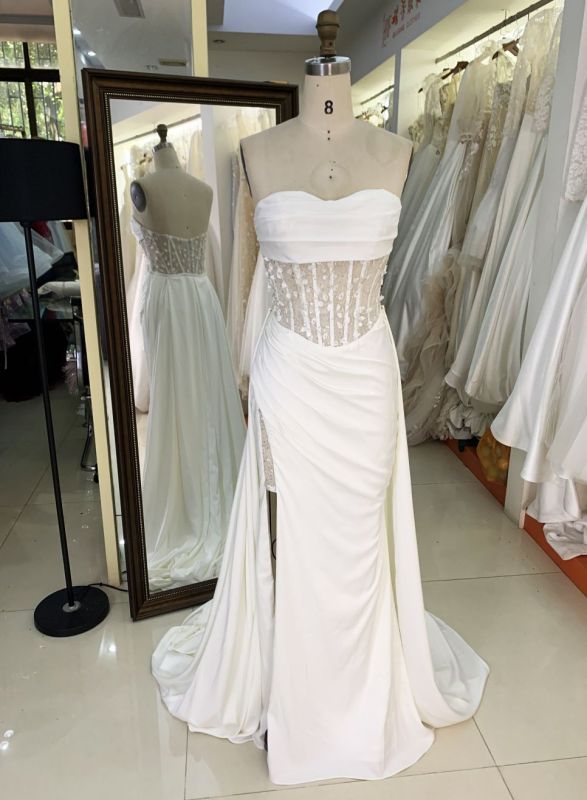 2025 Women's sexy tube top backless see-through high slit corset pleated white mermaid wedding dress