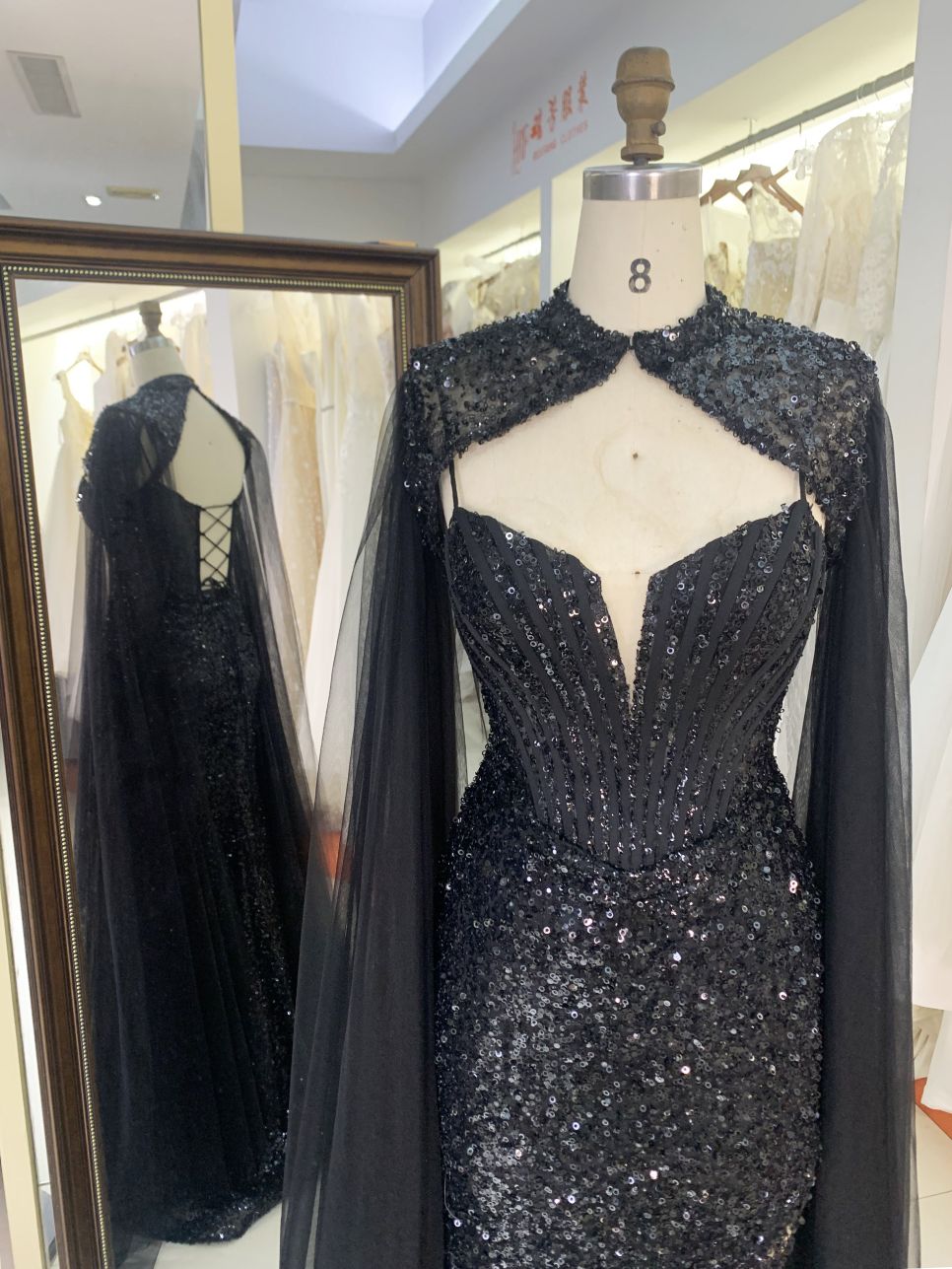 2025 New style luxury black deep V-neck sexy party dress cape beaded mermaid elegant party evening dress for women