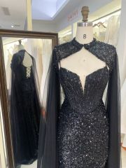 2025 New style luxury black deep V-neck sexy party dress cape beaded mermaid elegant party evening dress for women