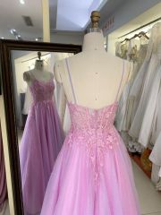 2025 New sweet style pink glitter lace mesh embroidery fishbone A-line skirt corset prom evening dress for girl