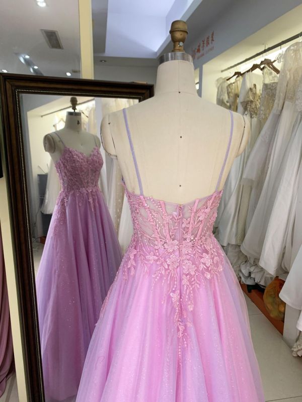 2025 New sweet style pink glitter lace mesh embroidery fishbone A-line skirt corset prom evening dress for girl
